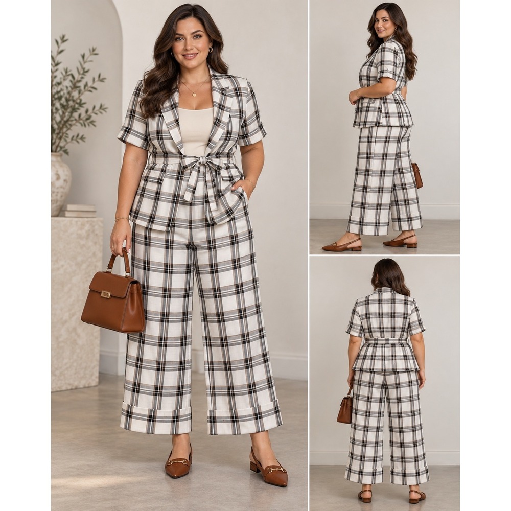 New York & Company 7th Avenue Plaid Blazer & Wide Leg Pants Set Cream Blk XL 14